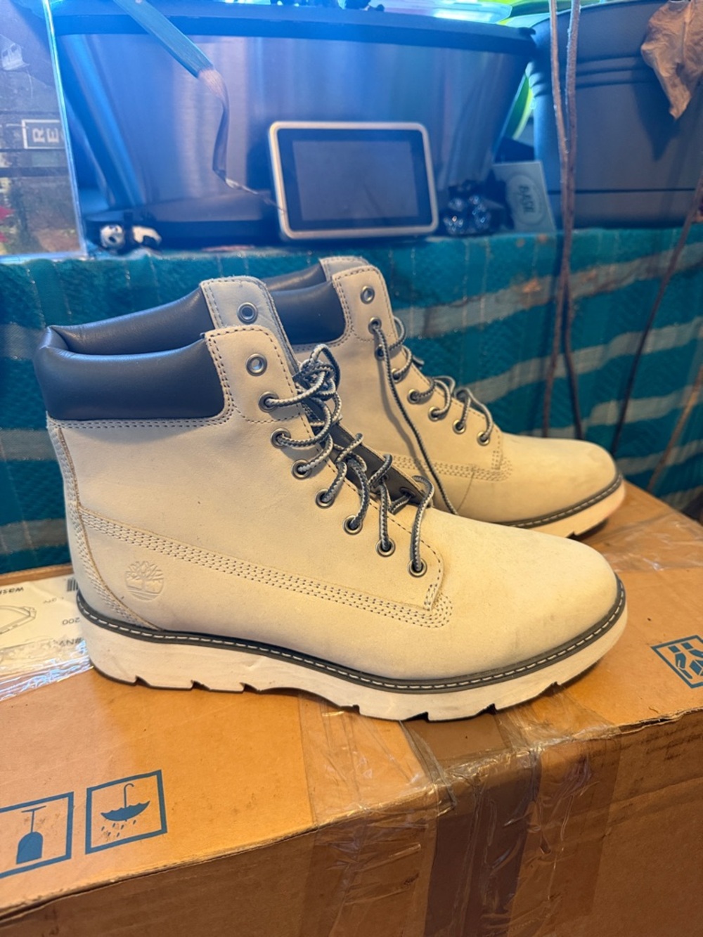 Timberland Cream Nubuck Lace-Up Work Boots with Black Collar